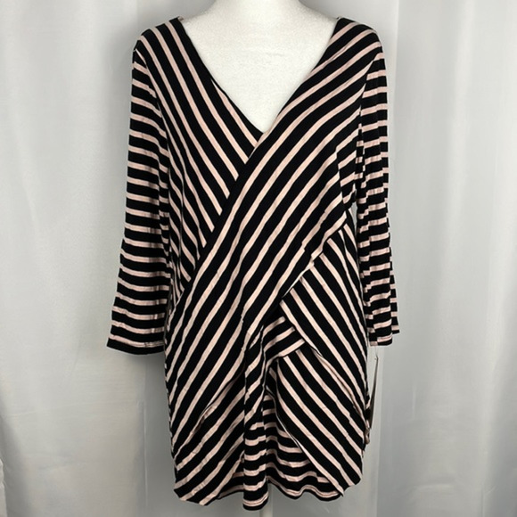 NY Collection Tops - NY Collection‎ Criss Cross V Neck Stripped Women’s Blouse Black and Cream XL